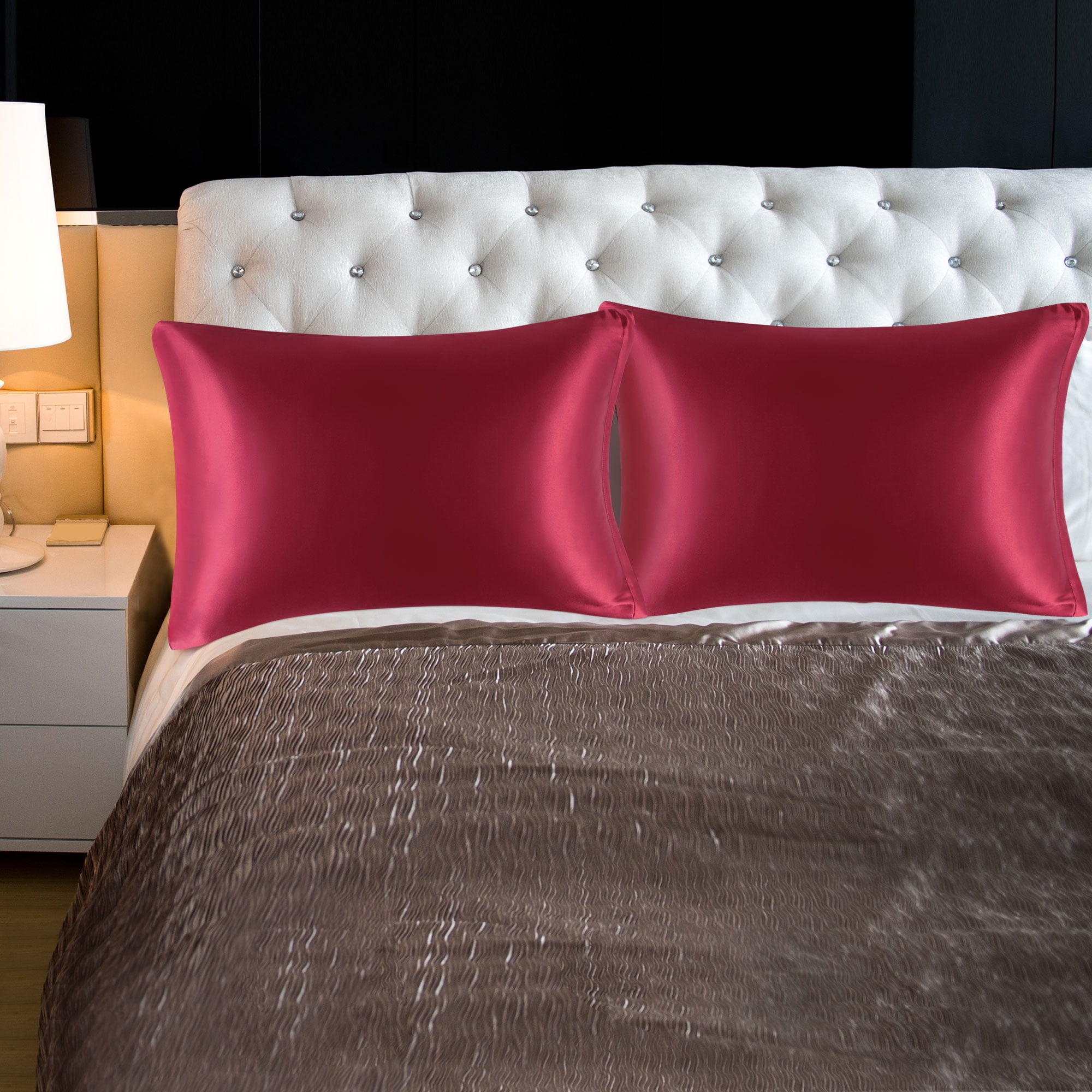Unique Bargains Satin Set of 2 Zipper Closure Pillowcases Burgundy 20"x30"