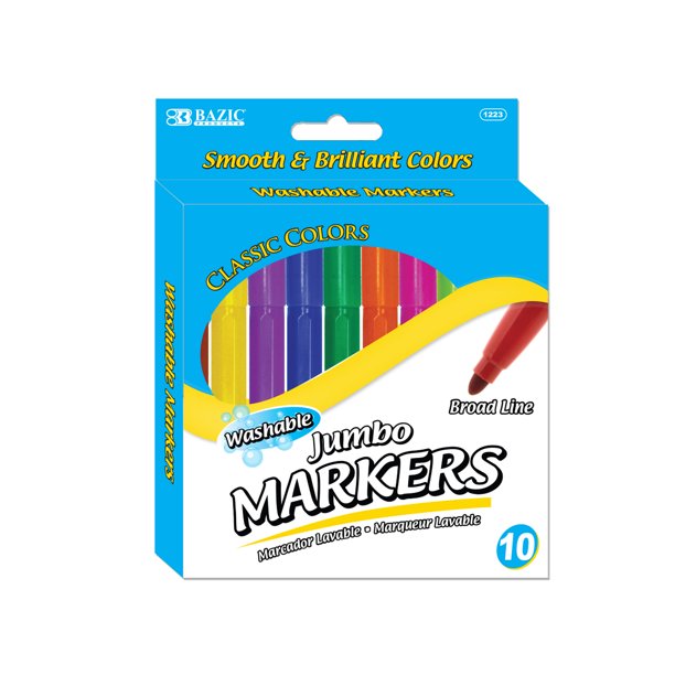 BAZIC Washable Markers Broad Line 10 Color Jumbo Size Coloring Marker