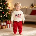 thumbnail image 2 of enyan Toddler Baby Boy Christmas Outfit Newborn Long Sleeve Letter Embroidery Sweatshirt Top Pants Set Fall Clothes Beige,6-12 Months, 2 of 7