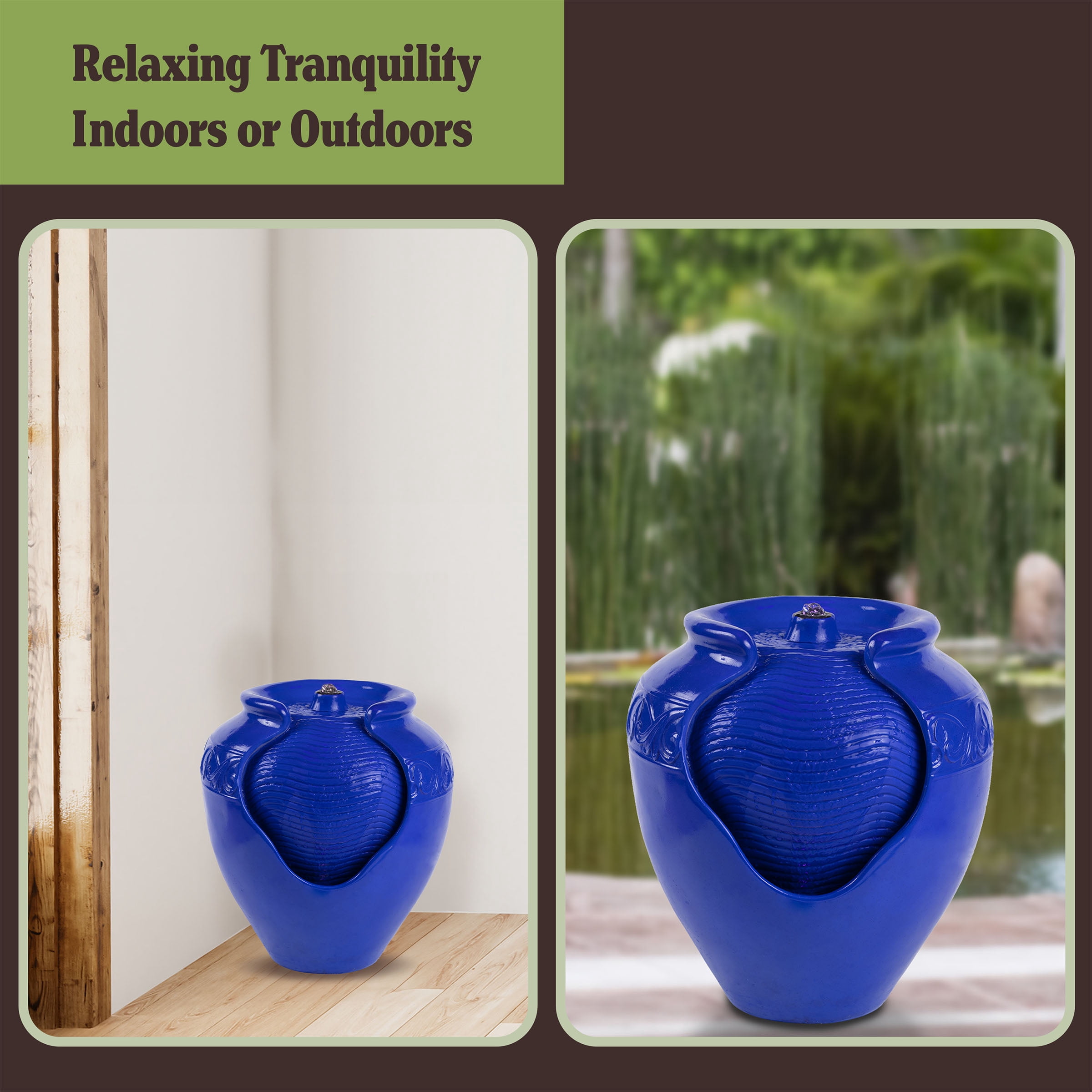 Pure Garden Jar Water Fountain – Indoor or Outdoor Water Feature with Electric Pump and LED Lights by Pure Garden (Cobalt Blue)