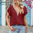 thumbnail image 2 of Top de manga corta con cuello en V y encaje satinado, elegante, transpirable, suelto, Top de verano para mujer para el trabajo, rojo vino M, 2 of 6