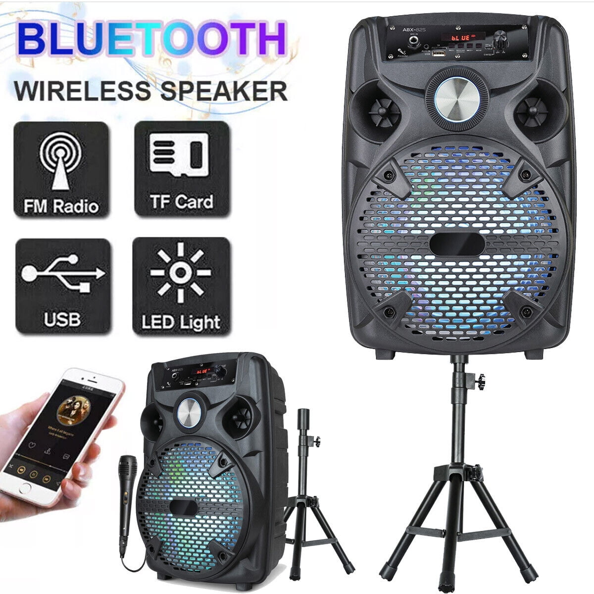 1100W 8" Portable Party Bluetooth Speaker with Tripod Stand Woofer Heavy Bass PA Party Sound System LED Mic AUX USB FM TF Wireless Speaker
