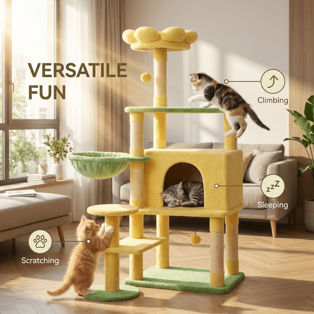 Flower Cat Tree With Large Condo Removable Flower Cushion and Hammock, Yellow