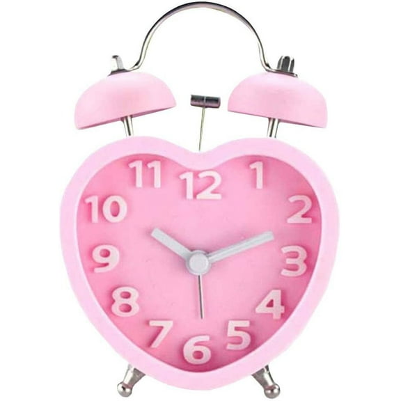 MetalM - Students Seniors 3in Twin Bell Loud Alarm Clock Silent Analog Quartz Nightlight Clock Battery Operated for Heavy Sleepers Heart Shape Pink