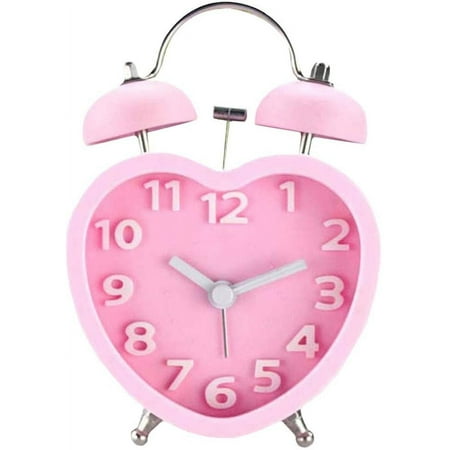 MetalM - Students Seniors 3in Twin Bell Loud Alarm Clock Silent Analog Quartz Nightlight Clock Battery Operated for Heavy Sleepers Heart Shape Pink