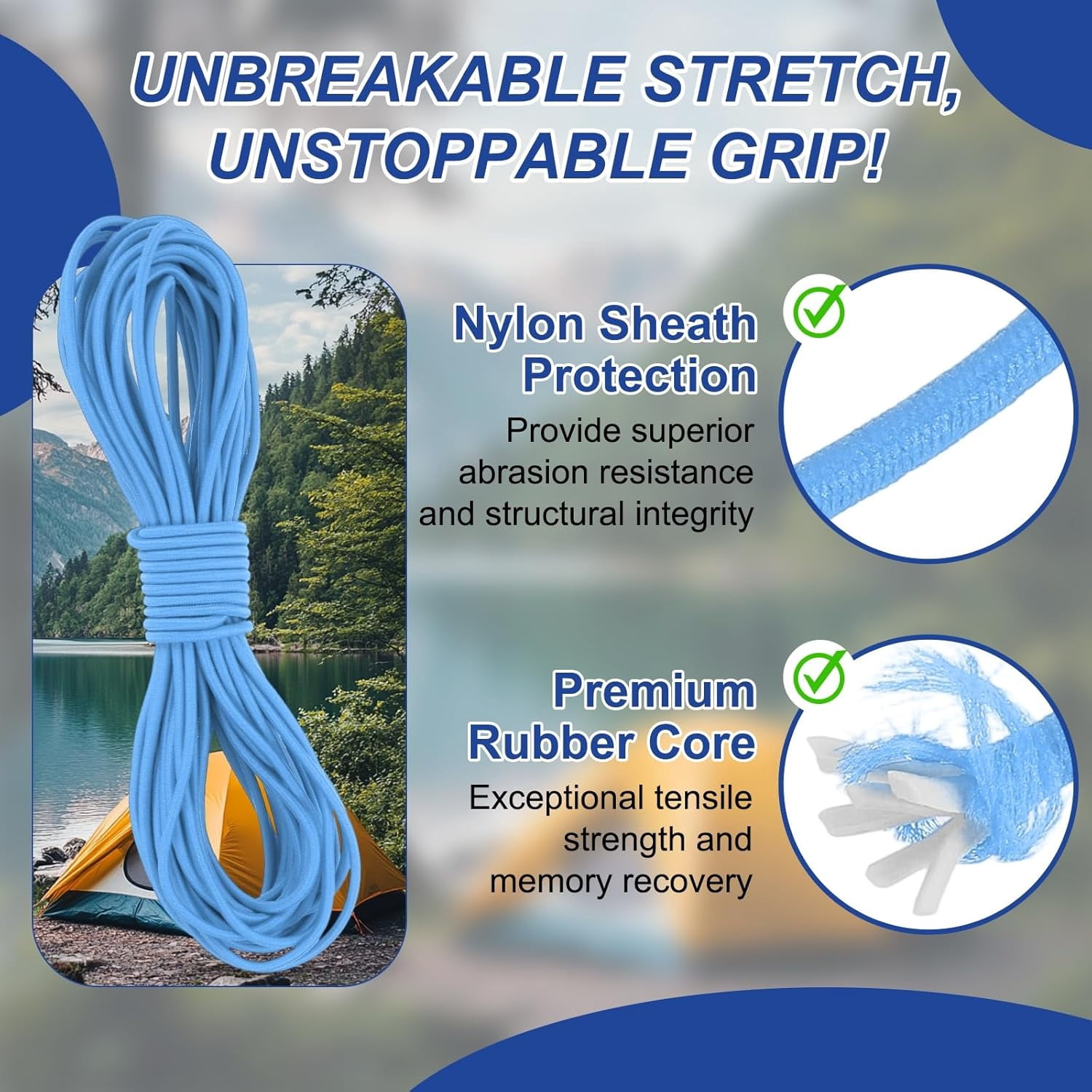 MKEUDQ-1/8" x 33' Elastic Bungee Cord, Bungee Shock Cord Kayak Stretch String Rope for Camping Tent Bike Tie Down Kayaking Boating Repairing Poles DIY Canopy Patio, Light Blue