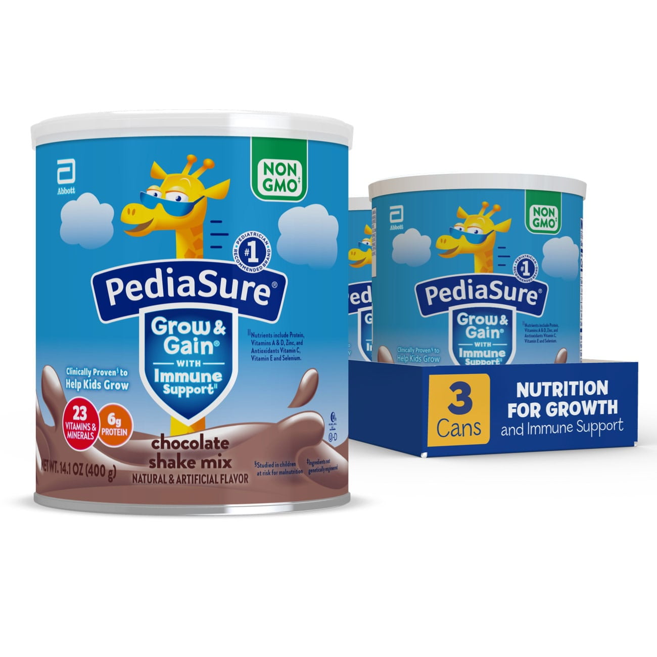 PediaSure Grow & Gain Shake Mix Powder, Chocolate, 14.1oz Can, 3 Cans