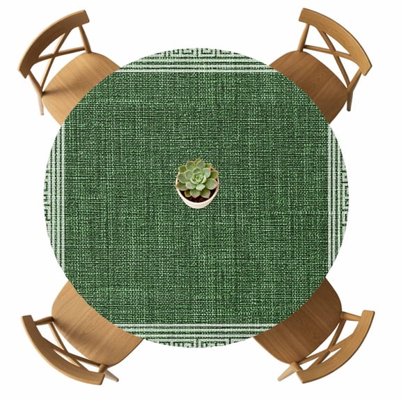 Round Fitted Tablecloth with Elastic Dark Green Linen Key Design Tablecloths Waterproof Oil Proof Geometric Back Print Table Cover for Kitchen Dinner Party Picnic Fits Tables up to 36"- 44" Diameter