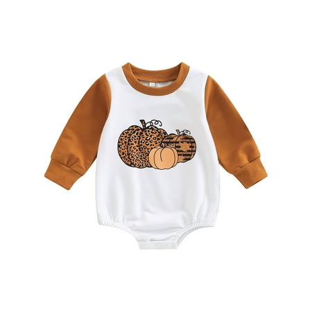 

Infants Baby Boy Girls Halloween Romper Contrast Color Patchwork Long Sleeve Pumpkin Pattern Print Short Jumpsuits