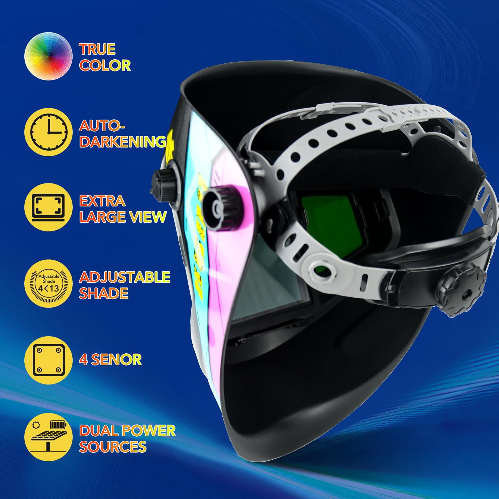 TRQWH Welding Helmet Auto Darkening Large Viewing True Color Solar Powered Welding Mask with 4 Arc Sensor Adjustable Wide Shade Range 4~5-8/9-13 Welder Mask with Grinding
