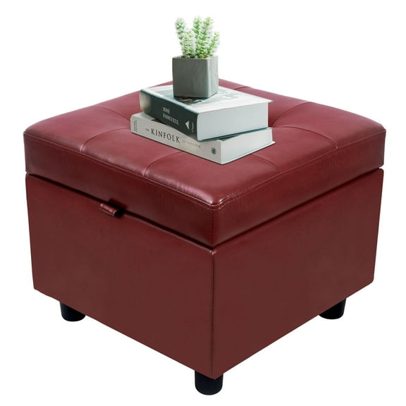 H&B Luxuries Tufted Leather Square Flip Top Storage Ottoman Cube Foot Rest (Red with Storage)