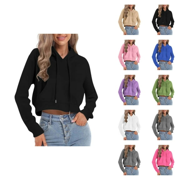 Cropped Pullover Hoodies for Women Lightweight Long Sleeve Plain Hooded Sweatshirt with Pockets Crop Tops