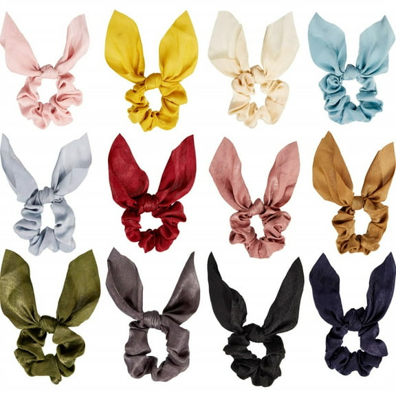NOGIS 12 Pieces Bow Hair Scrunchies Rabbit Bunny Ear Scrunchies Silk Bow Bowknot Scrunchies Bobbles Elastic Hair Ties Ropes Ponytail Holder Accessories for Women Girls