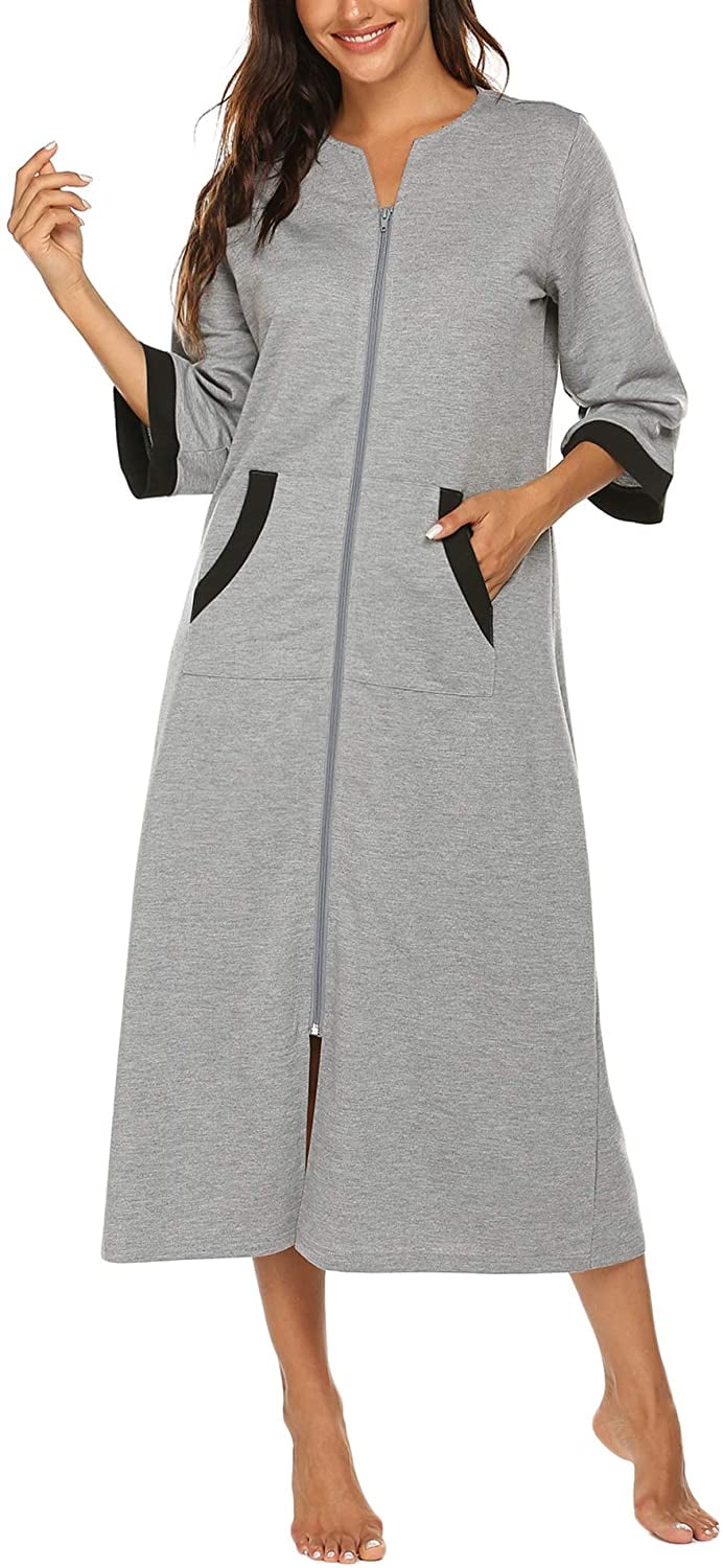 Ekouaer Women Zipper Robe 3/4 Sleeves Loungewear Full Length Sleepwear Pockets Housecoat Long Soft Bathrobe 