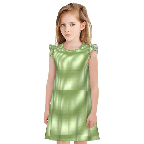 Balery Green Gingham Camisón de princesa para niñas, pijama de algodón con mangas abullonadas, suave y bonito.-Medium