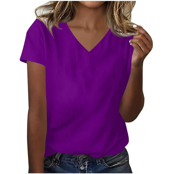 Blusas de Manga Corta para las Mujeres Verano Color Sólido V-Cuello Blusa de Manga Corta, Poliéster Casual Top para las Mujeres, Lavado a Mano Toda la Temporada