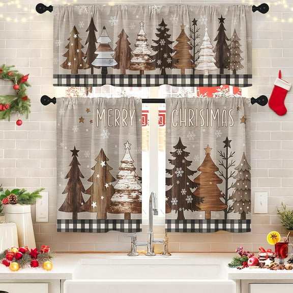 Merry Christmas Kitchen Window Curtains and Valances Set 36 Inch, Wooden Tree Snowflake Xmas Holiday Winter Short Tier Curtain for Cafe Living Room Bathroom, Vintage 3 Pieces Set Kitchen Decor