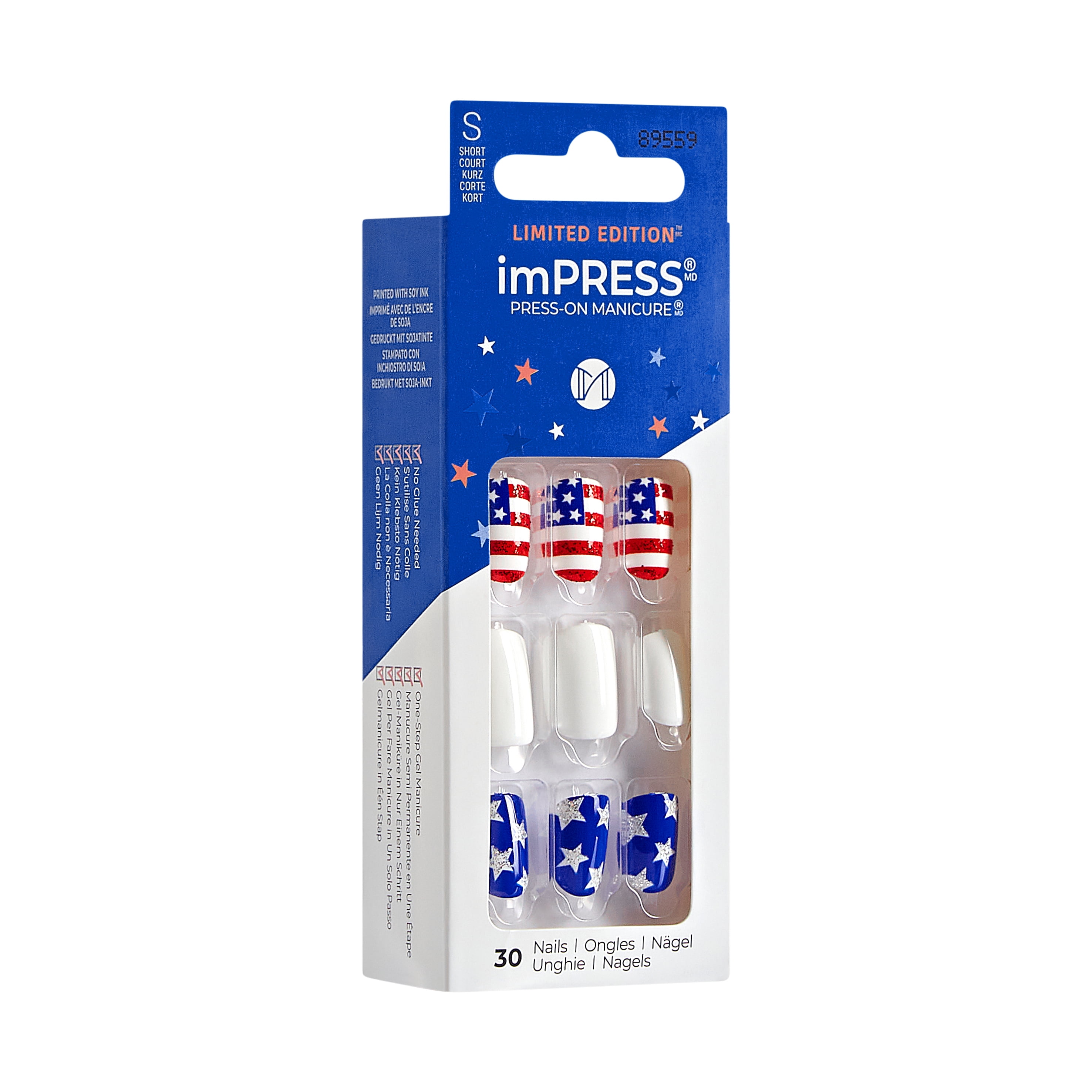 imPRESS Short Square Press-On Nails, Red, White & Blue, 30 Pieces