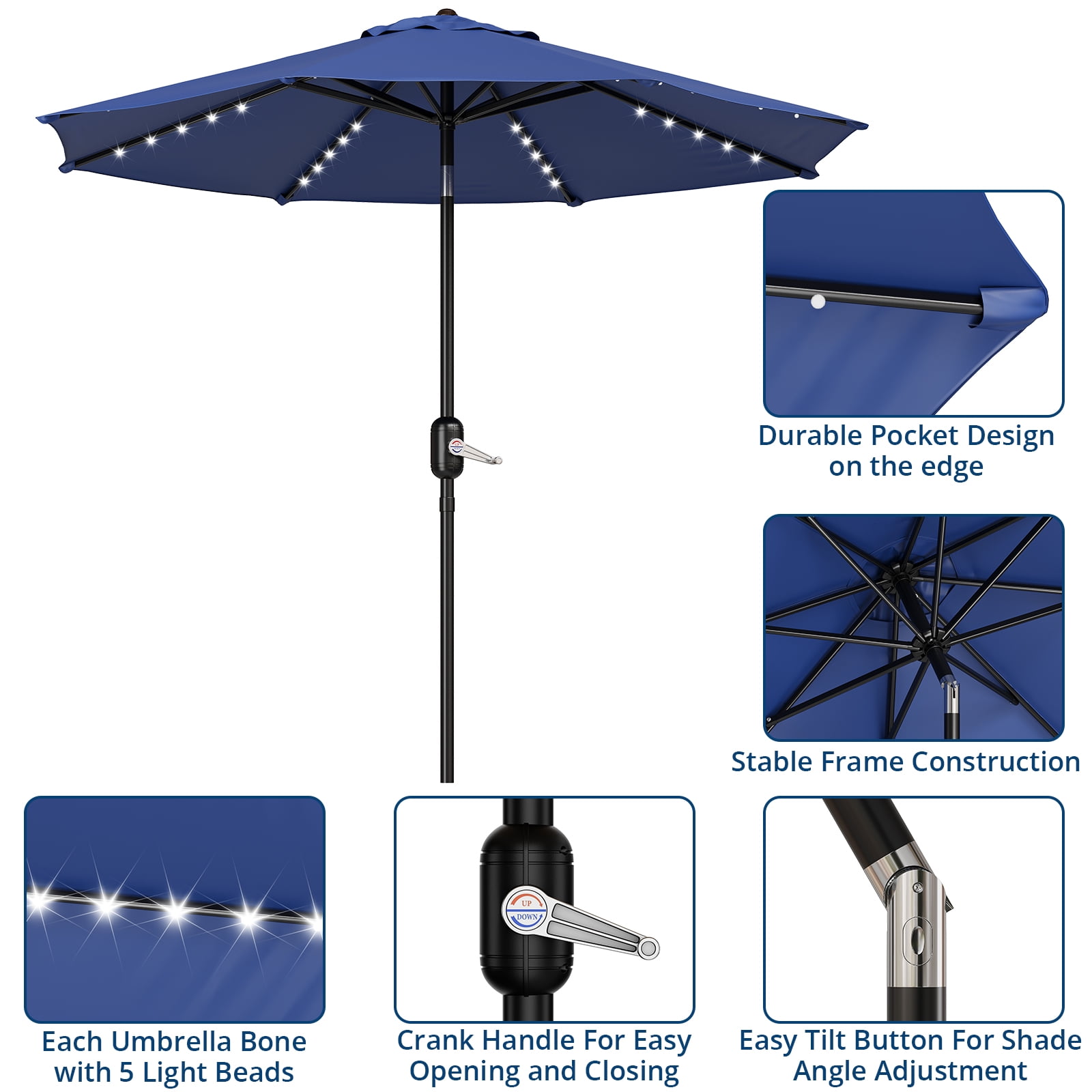 10 Ft Patio Umbrella With Solar Lights, 8 Sturdy Ribs, Table Umbrella with Push Button Tilt and Crank, UV Protection Waterproof, for Garden, Backyard, Poolside