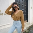 thumbnail image 4 of Defitshape Women's Long Sleeve Crop Top Knit Sweater Waffle Knit Sweater Lightweight Loose V Neck Twist Front Tie Knot Pullover Sweaters Khaki Large, 4 of 4