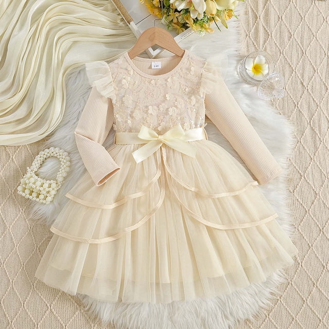 Vestido de manga larga con cuello redondo para niña, moderno, de color liso, con mangas voladoras, lazo de malla y cinturón.