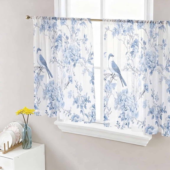 Blue White Flowers Semi Sheer Window Curtains 45 Inches Long, Spring Summer Floral Botanical Rod Pocket Voile Silky Chiffon Curtain Light Filtering Drapes for Living Room, Kitchen, 52"x45", 2 Panels