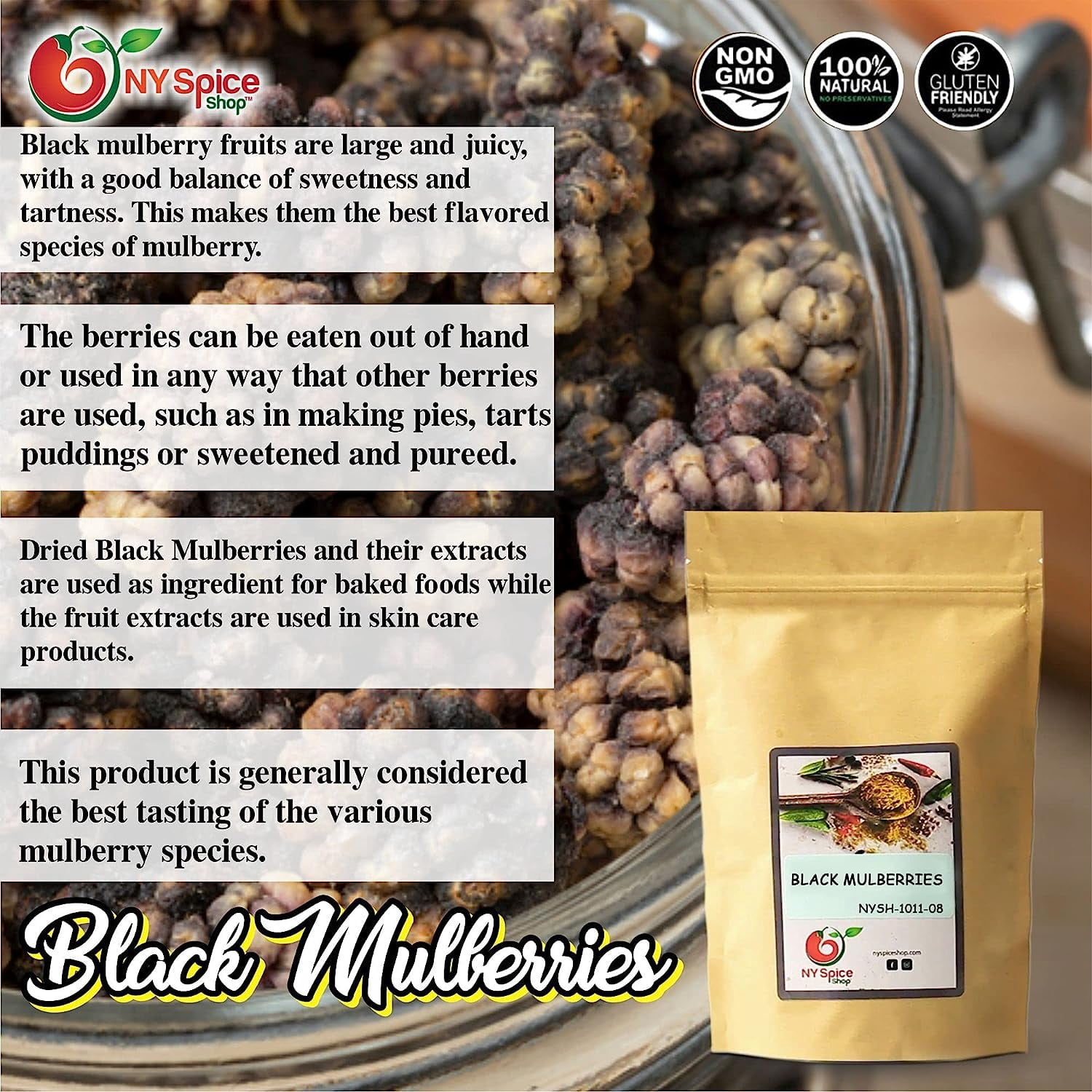 NY SPICE SHOP Dried Black Mulberry – 3 Pound Natural Dry Mulberry – Wild Black Mulberries  - Naturally Sweet