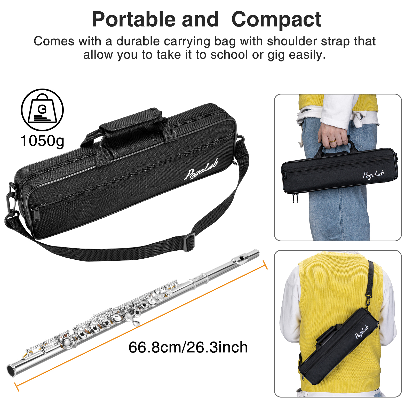 POGOLAB Open Hole C Flute Silver Plated 16 Keys Flute Instrument for Beginner Advanced Player Student Flute with Case Strap Probe Rod Gloves Grease Adjustment Screwdriver Cleaning Kit