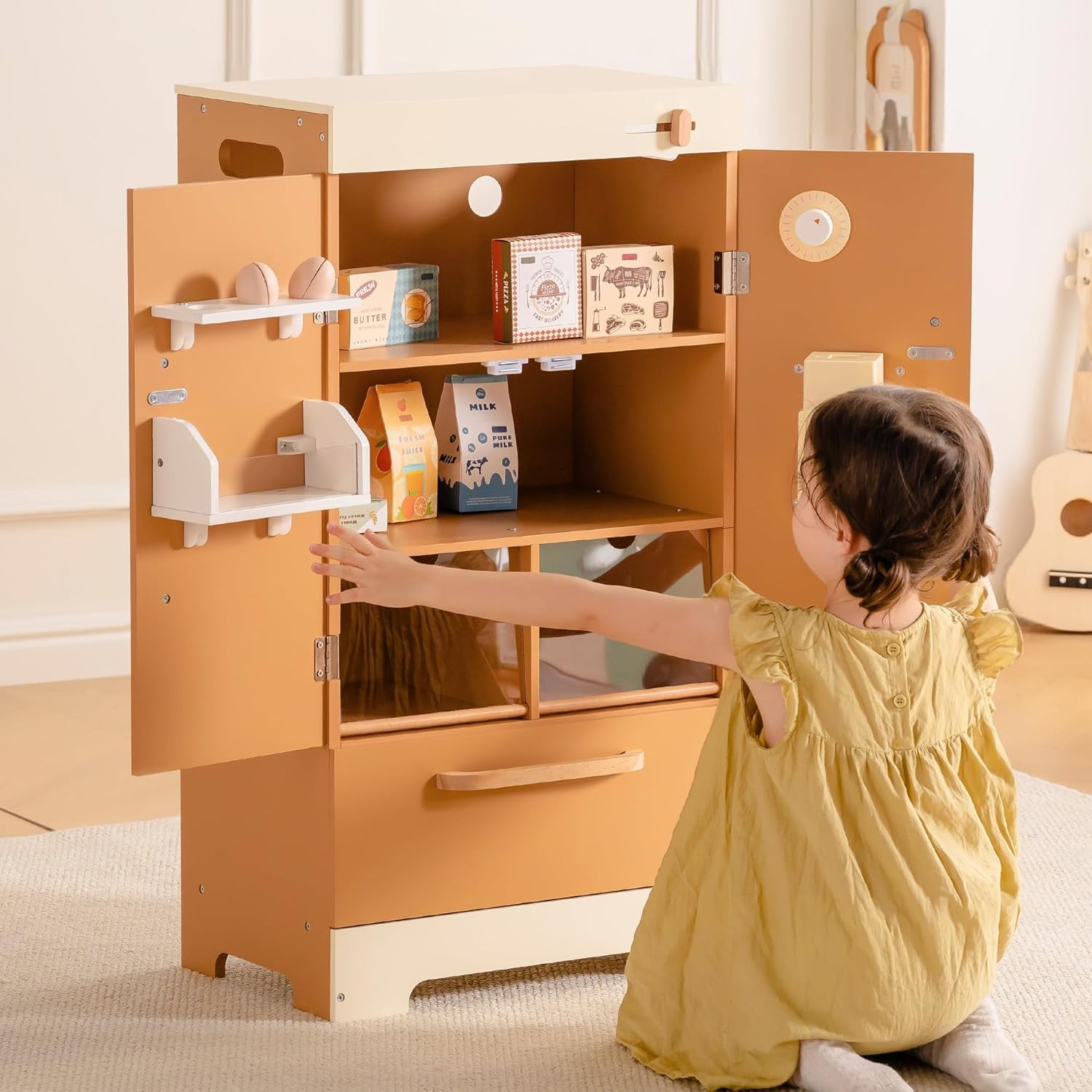 Robud Play Kitchen for Toddlers,Fridge Refrigerator with Ice Dispenser,Wooden Kids Play Kitchen Playset Toy,Gift for Ages 3+,Caramel
