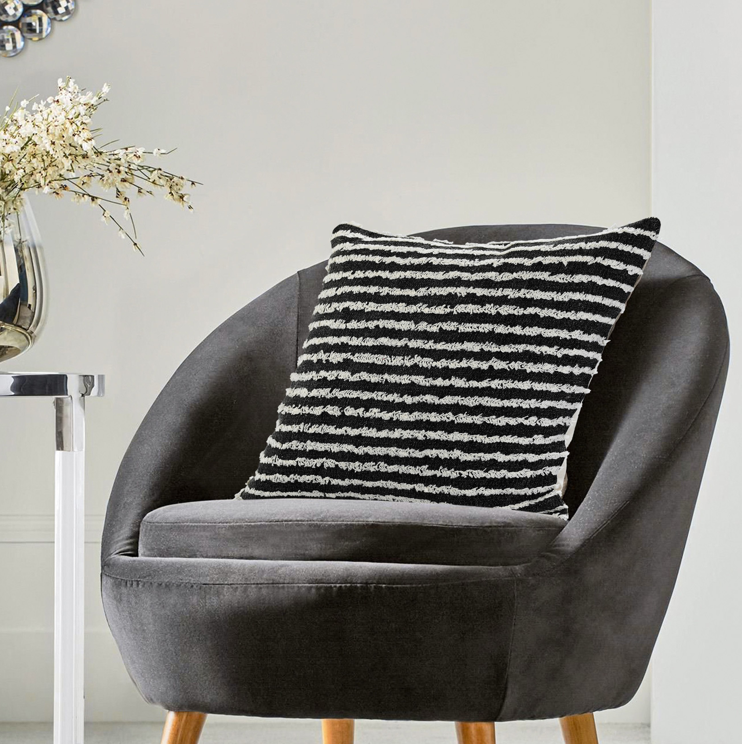 Harlow Hill Xia 20" x 20" Striped Cotton Adult Decorative Feather Filled Pillow, Black/Natural