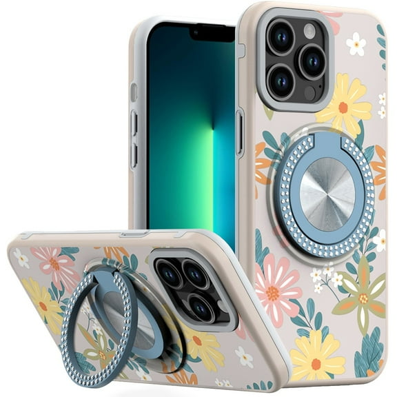 For iPhone 13 Pro Max Metal Diamond CD Pattern Design Matte Finished Hybrid with Rotational Ring [Car Mount Friendly] Case - Floral E
