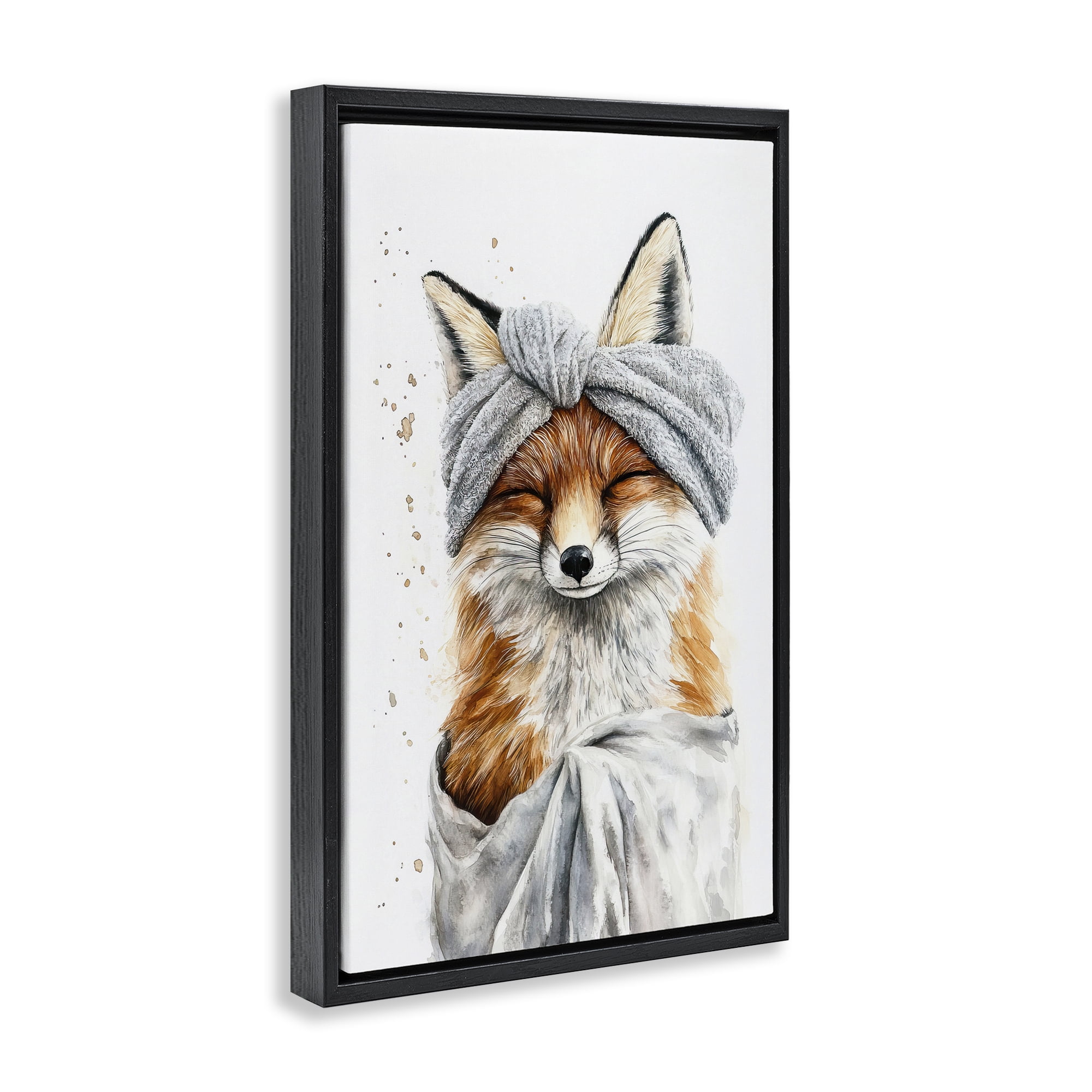 Stupell Industries Bathroom Fox Wrapped in Towel Black Framed Floater Canvas Wall Art, design by Tina LeCour
