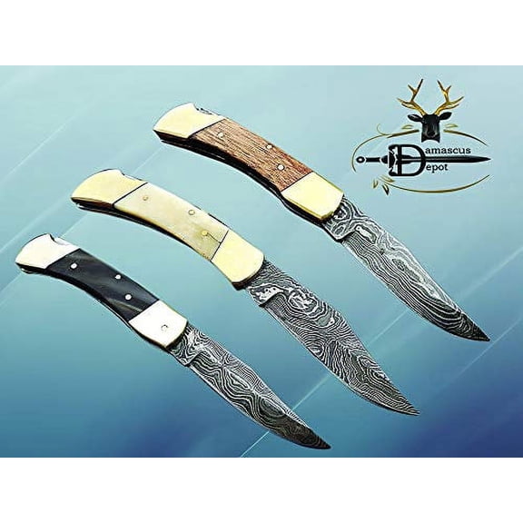3 Pieces Lever Lock Folding Damascus Steel Knife, Includes White Camel Bone, Black Bull Horn and Brown Rose woos Scales, 3 Back Lock Folding Knives with Brass Bolster and Cow Hide Leather Sheath