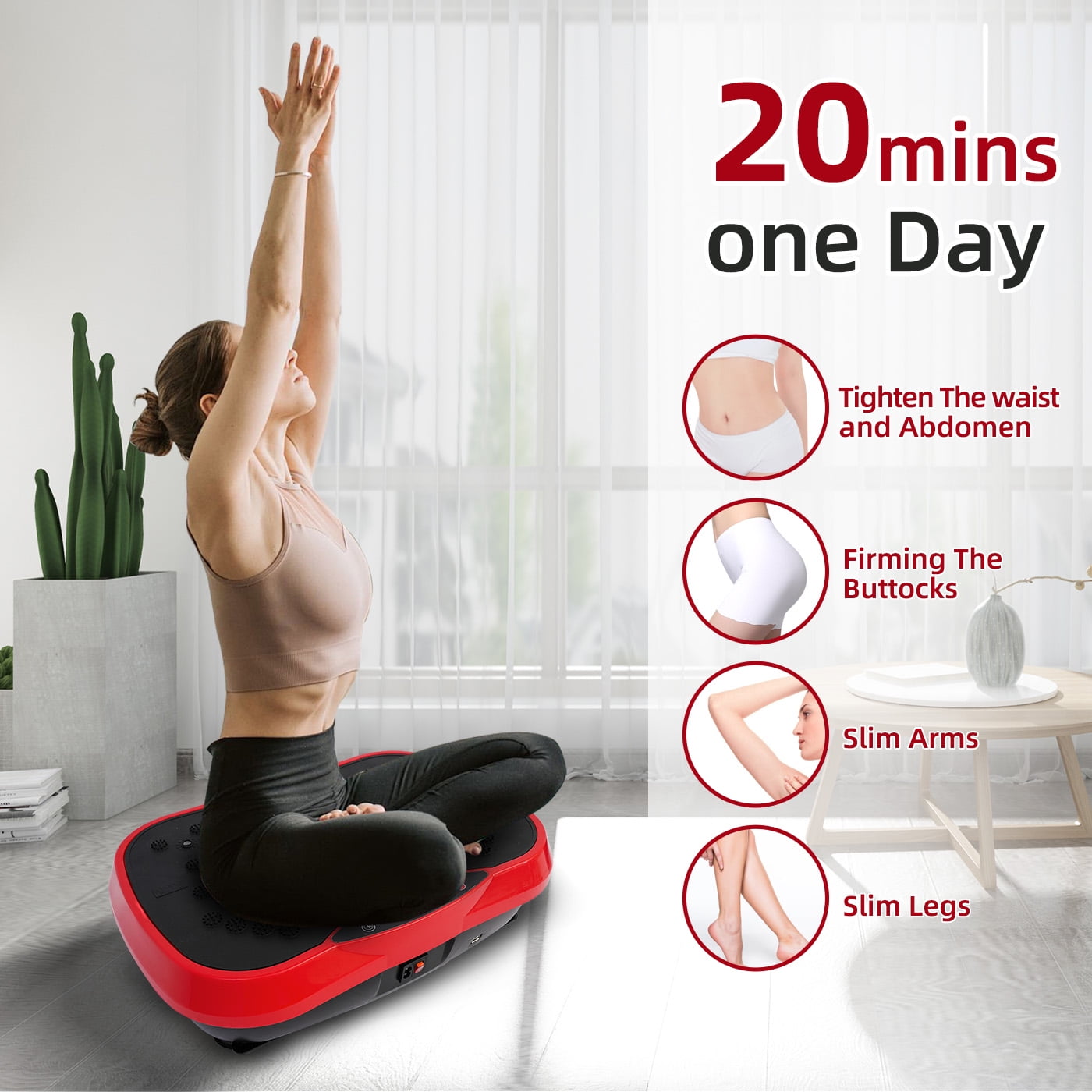 RICAN Vibration Plate Exercise Machine, Vibrating Board, Full Body Workout Platform with Loop Bands & Remote Control for Weight Loss Fat Burner, Red