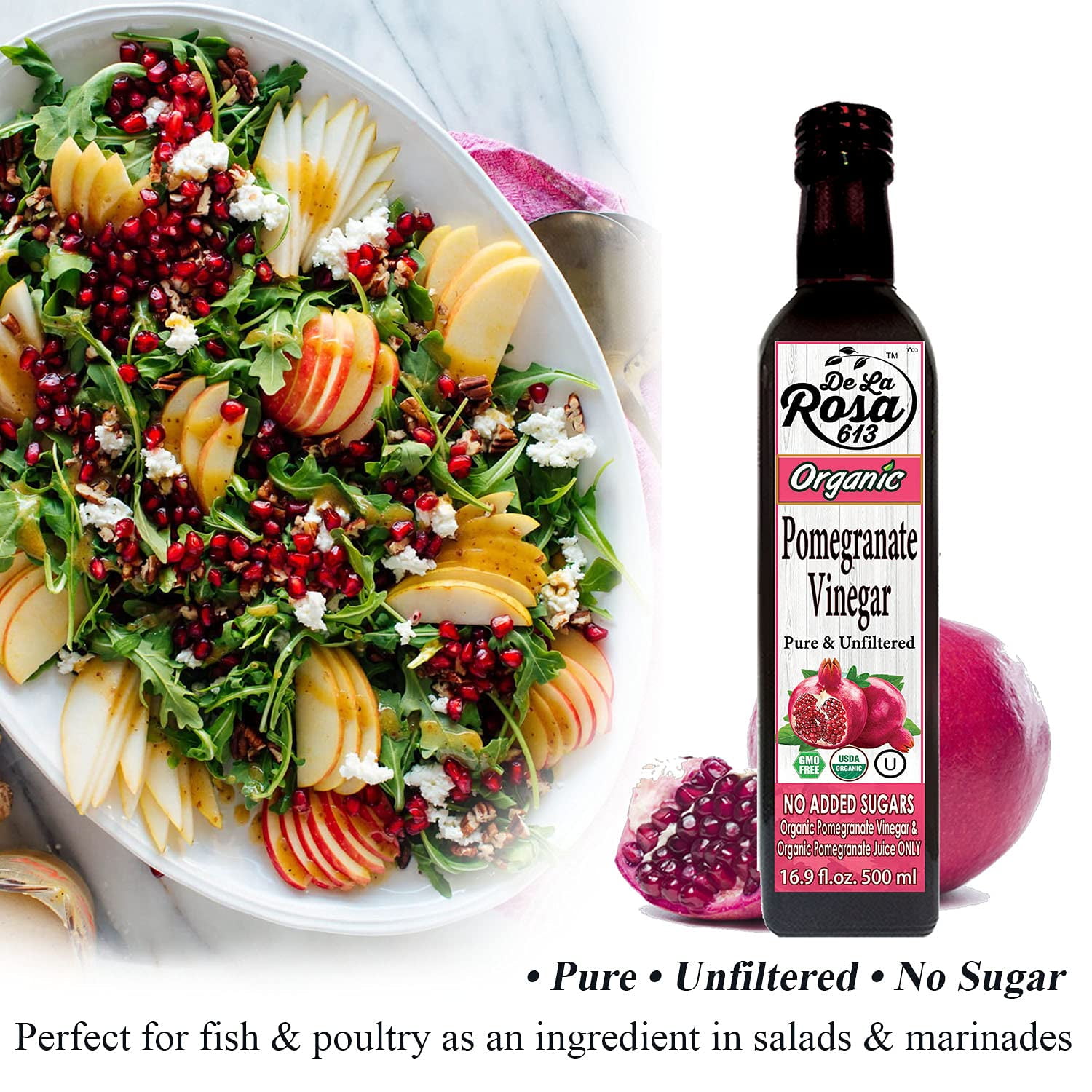De La Rosa Organic Vinegar Variety Pack, Raspberry, Pomegranate & White Balsamic Vinegar, Vegan, Kosher, Non-GMO