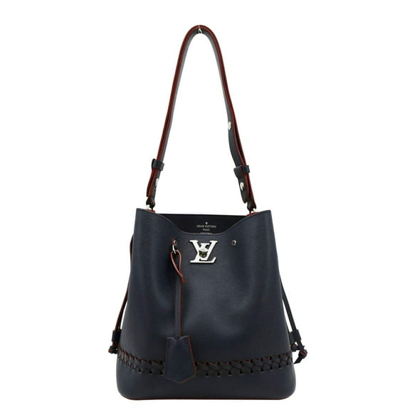 Pre-Owned LOUIS VUITTON Lockme Braided Leather Shoulder Bucket Bag Navy