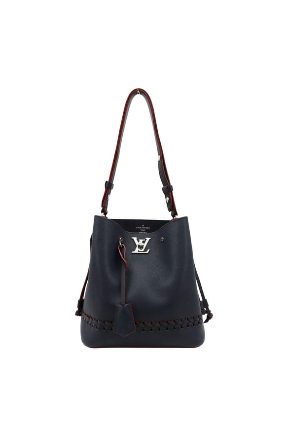 Pre-Owned LOUIS VUITTON Lockme Braided Leather Shoulder Bucket Bag Navy