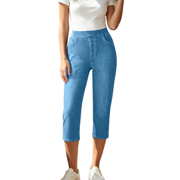 FAVIPT Denim Capris Jeans for Women Elastic High Waisted Pull On Cropped Pants Stretchy Skinny Casual Capris with Pockets Light Blue,L