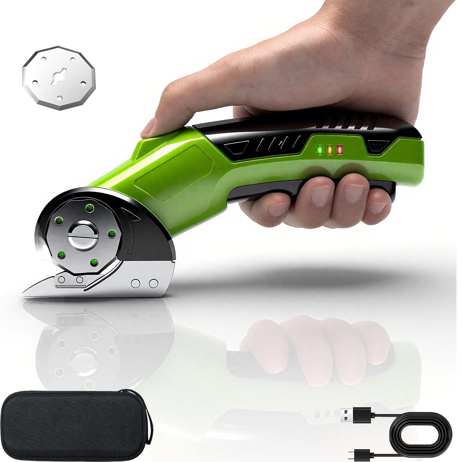 OUTGOO Cordless Electric Scissors, 3.5V Rechargeable Cardboard Box Cutter with Safety Lock & LED Light, Power Rotary Cutter for Fabric Carpet Leather