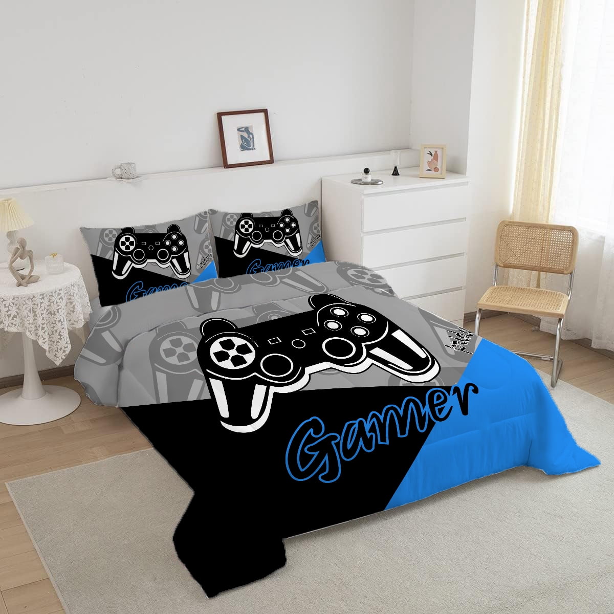 Psoiuetr Gaming Comforter for Kids Boys Teens Video Game Bedding Set Gamer Comforter Gamepad Comforter Set Queen Size Blue Black Gray 3 Pieces