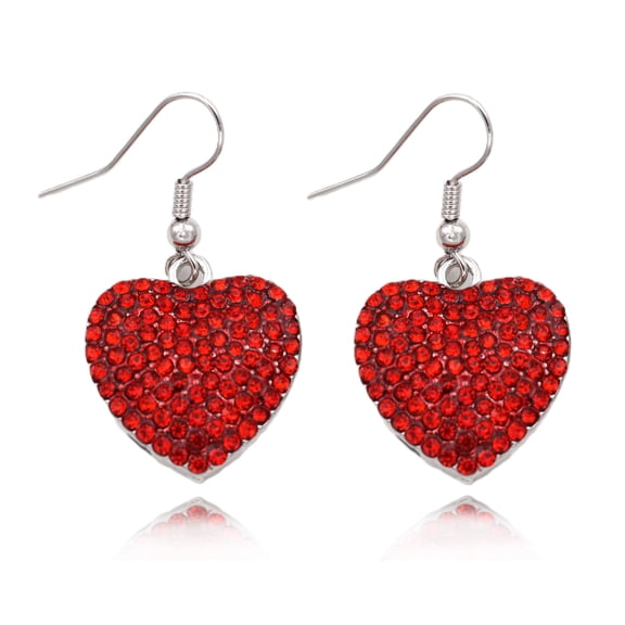 Red Crystal Pave Heart Fish hook Dangle Earrings Valentine's Day Jewelry