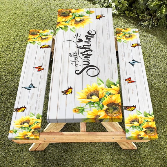 Picnic Table Cover with Bench Covers Sunflower Waterproof Fitted Picnic Table Cloths Wood Texture Elastic Picnic Tablecloth Outdoor Camping Essentials