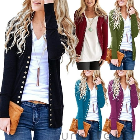 Women's Low Cut V-Neck Long Sleeve Knit Snap Button Down Cardigan Sweater  Top