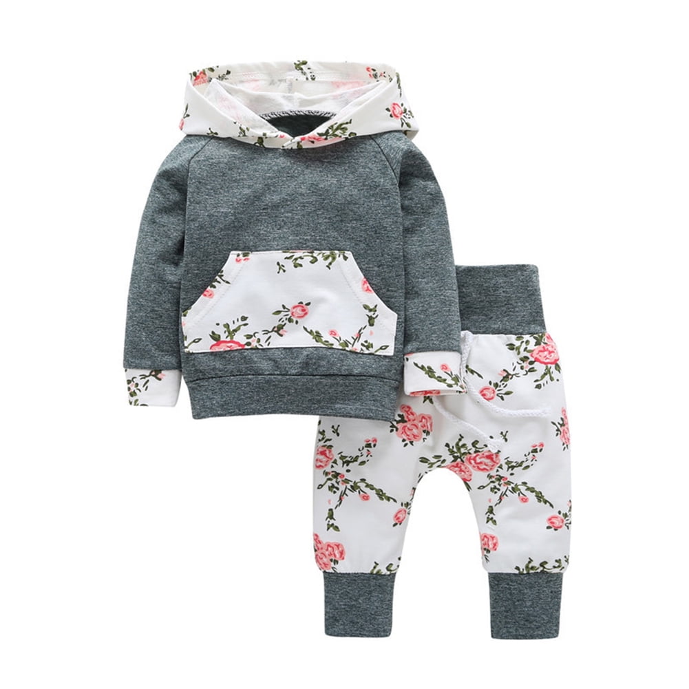 Baby Girl 2pcs Set Outfit Flower Print Hoodies with Pocket Top+Striped Long Pants