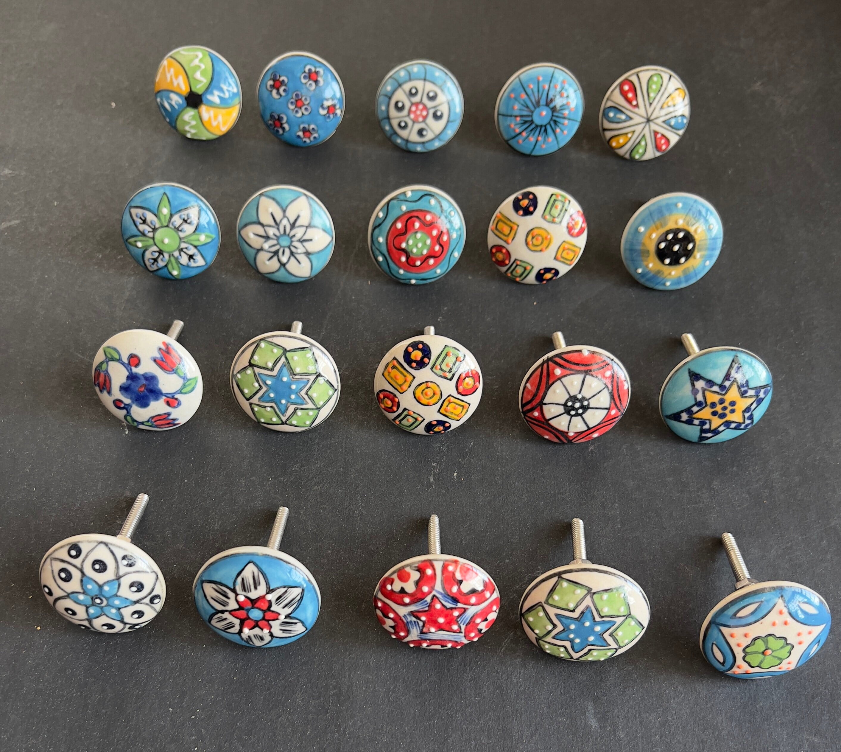 10 PC SET of Cabinet Ceramic Knobs | white and black Colourful Designs| Drawer Dresser Wardrobe Door kitchen knobs| Nuts & Bolts Included