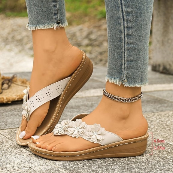 Orthopedic Sandals with Arch Support Flip Flops for Women Comfortable Flower Platform Wedge Sandals Dressy Slip on Thong Slippers for Summer Beach Walking