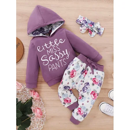 

Toddler Newborn Baby Girl Floral Printed Long Sleeve Hooded Romper +Pants +Headband Set