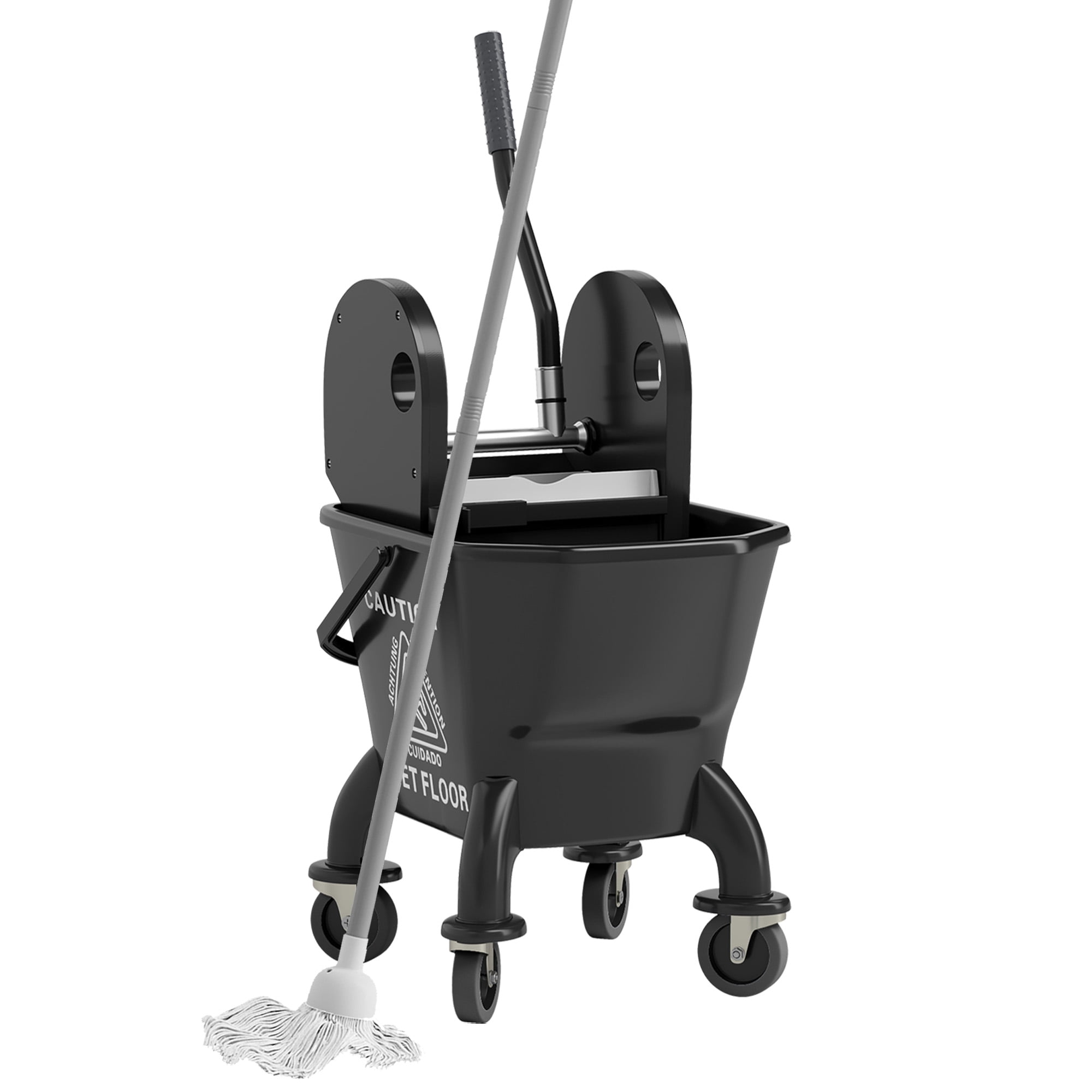 HOMCOM Mop Bucket with Wringer on Wheels for Floor Cleaning, 27.5 Quart Down Press Wringer with Handle and Mop, Black