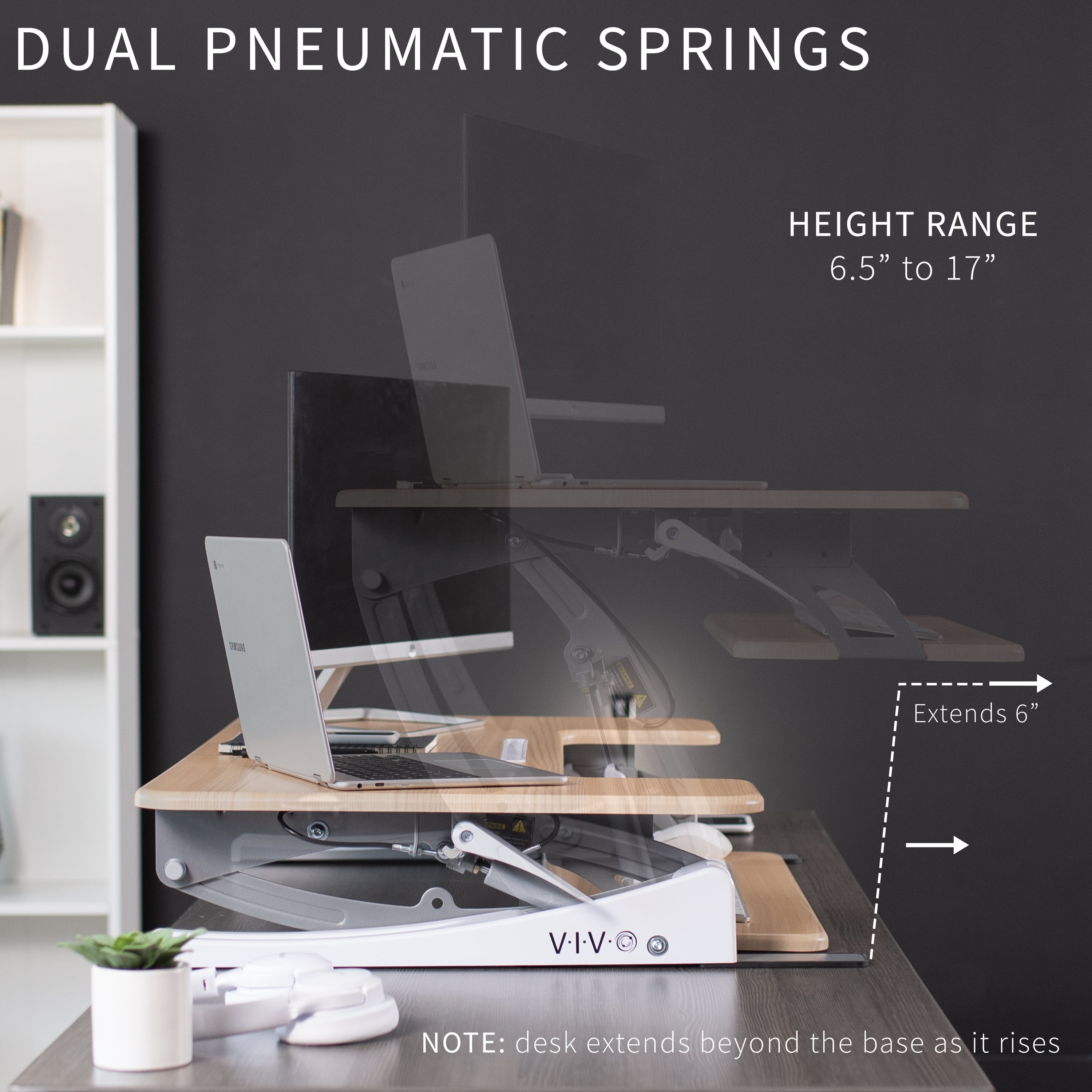 VIVO Light Wood Standing Desk Monitor Riser, Tabletop Sit to Stand, White Frame