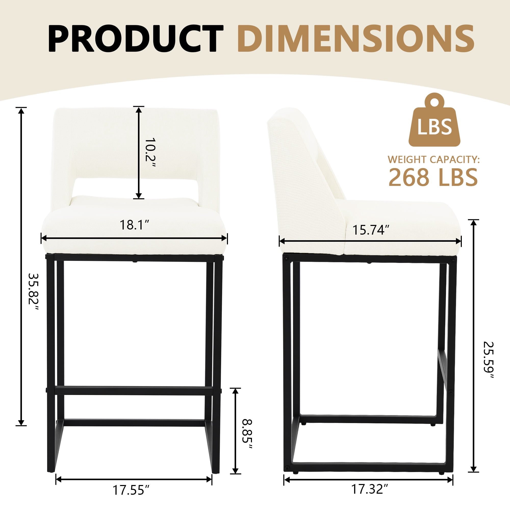 ClinQ Counter Height Bar Stools Set of 2, Hollow Back Kitchen Island Barstools, Upholstered Linen Fabric Counter Stools with Metal Frame, Beige